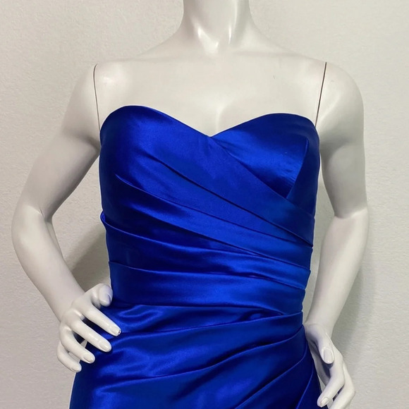 Bill Levkoff Blue Satin Strapless Sweetheart Neck Ruched Dress Size 8 - Picture 2 of 8